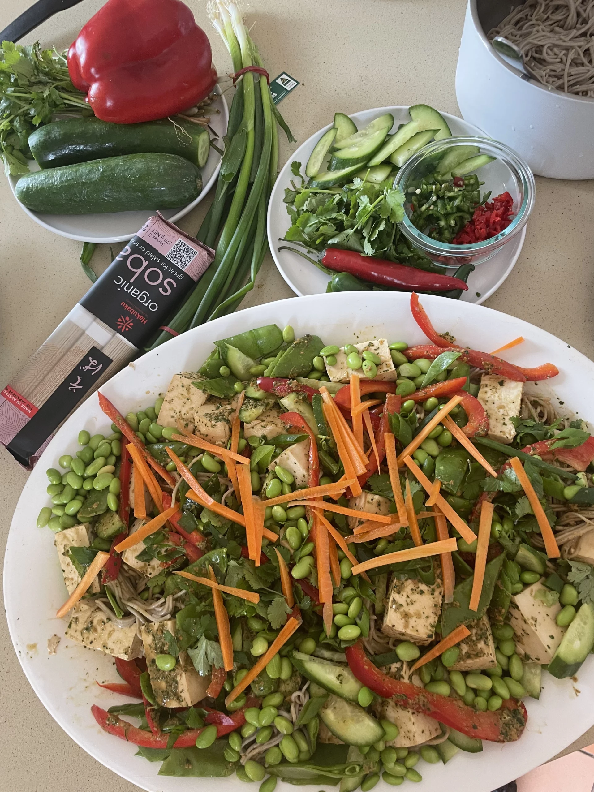 Fresh soba noodle salad with tofu, vegetables, and herbs