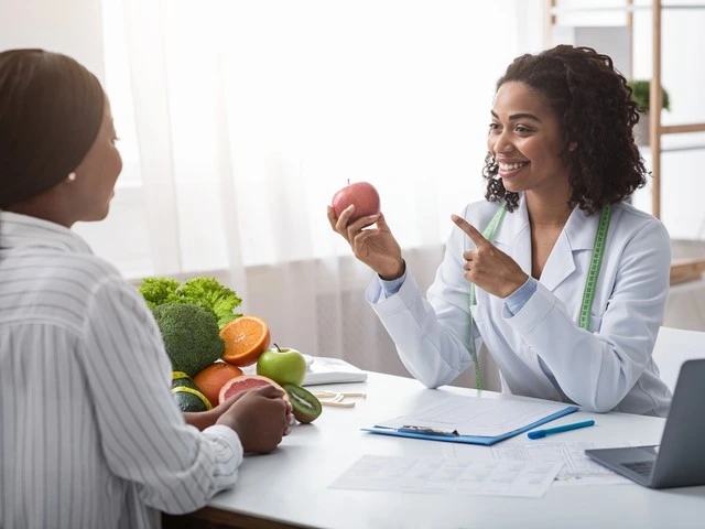 A woman consults with a doctor about nutrition and healthy eating habits in a clinical environment.