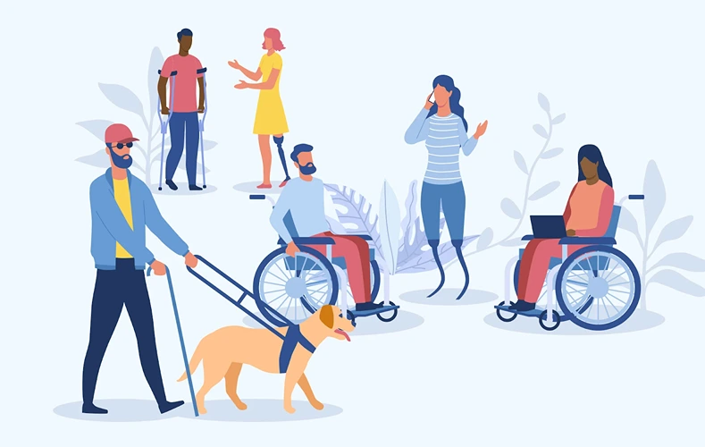 Individuals with disabilities walking alongside their service dogs in a park setting.